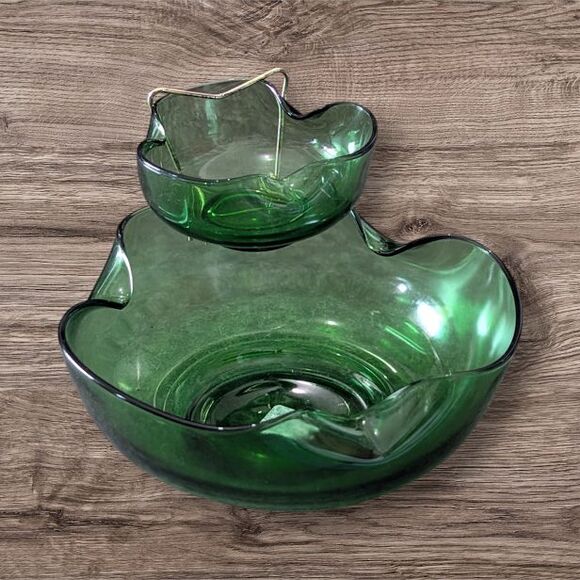MCM 1970's Anchor Hocking Avocado Green Glass Chip and Dip Bowls with Holder - Picture 1 of 4